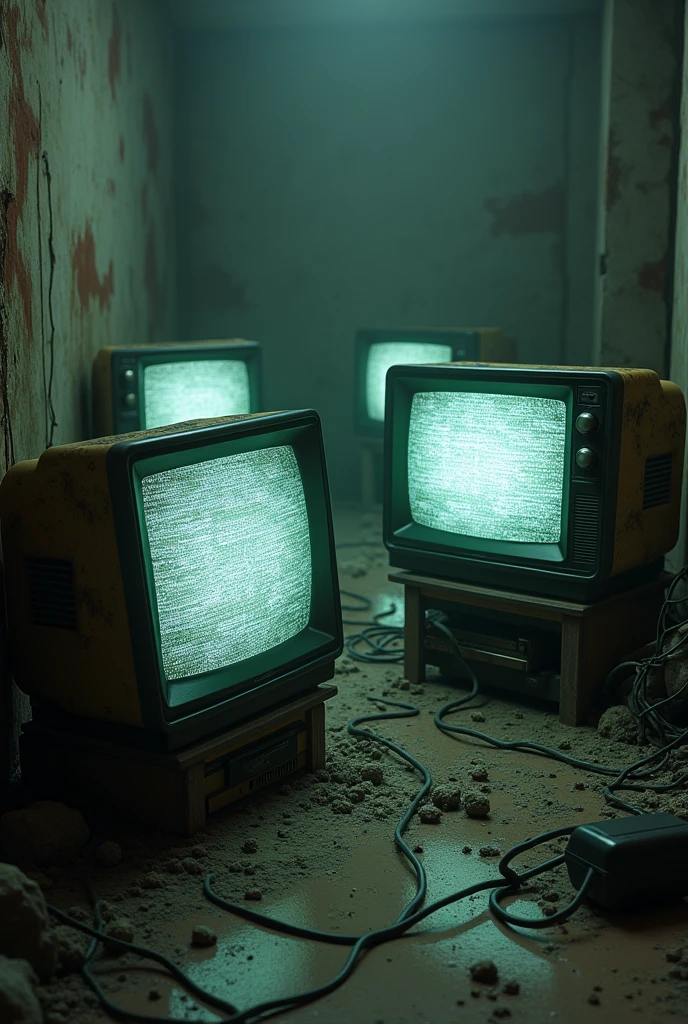 Several old televisions turned on, static, dirty place