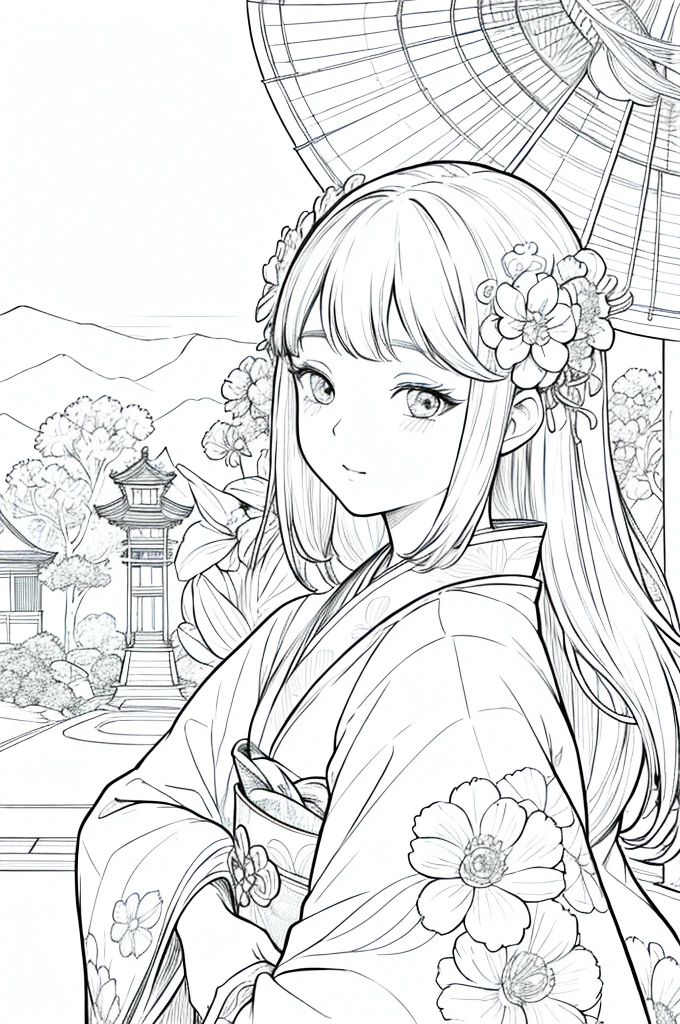 Masterpiece, top class, unique, cute, flowers, line drawing background, white background, monochrome, line drawing, ((sketch)), creepy, white eyes, create a monochrome coloring book that even adults can easily do, arrange flowers in a Japanese garden background, a realistic and cute ukiyo-e of a girl in a kimono, conveying Japanese culture.