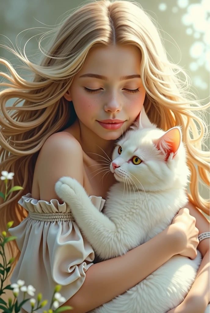 girl with long hair and white cat
