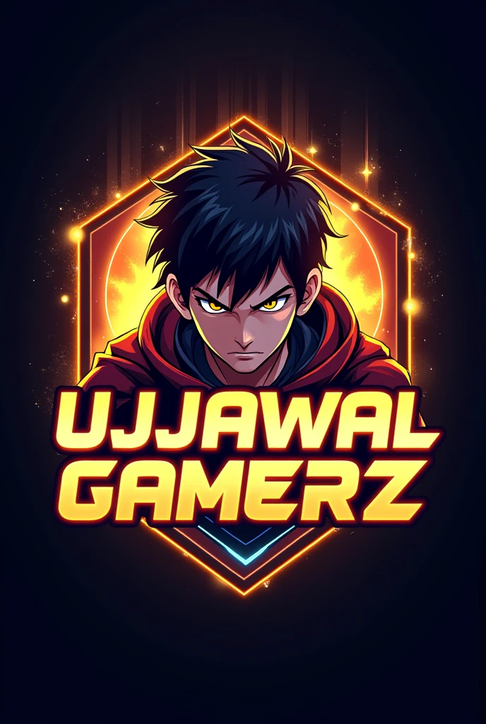 This is a gaming logo that features the name "UJJAWAL GAMERZ" in a futuristic font and a neon golden color. Anime boy Avatar
