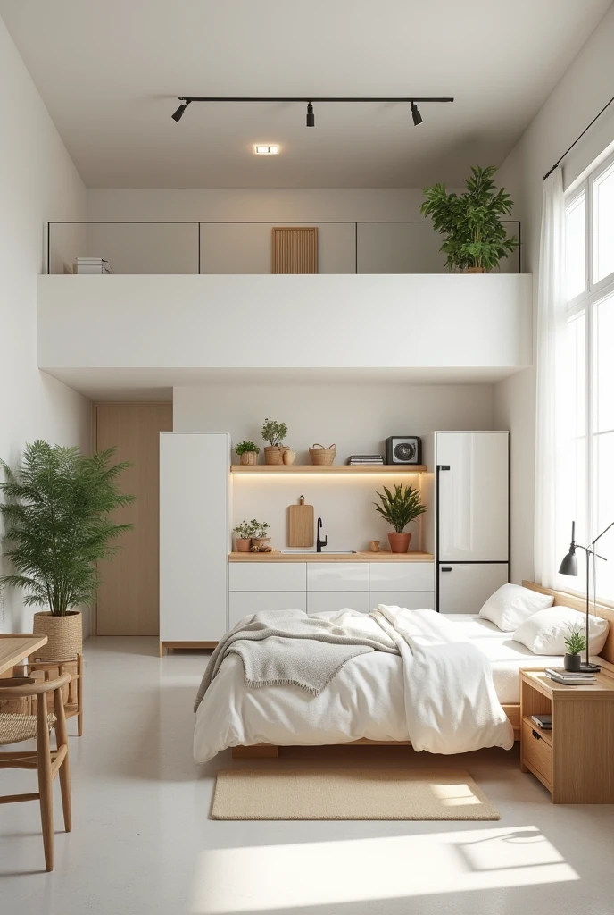 generate an image of an interior design about a apartment room with white wall and good for 1 person with bed, bathroom, kitchen, study table, and some furniture