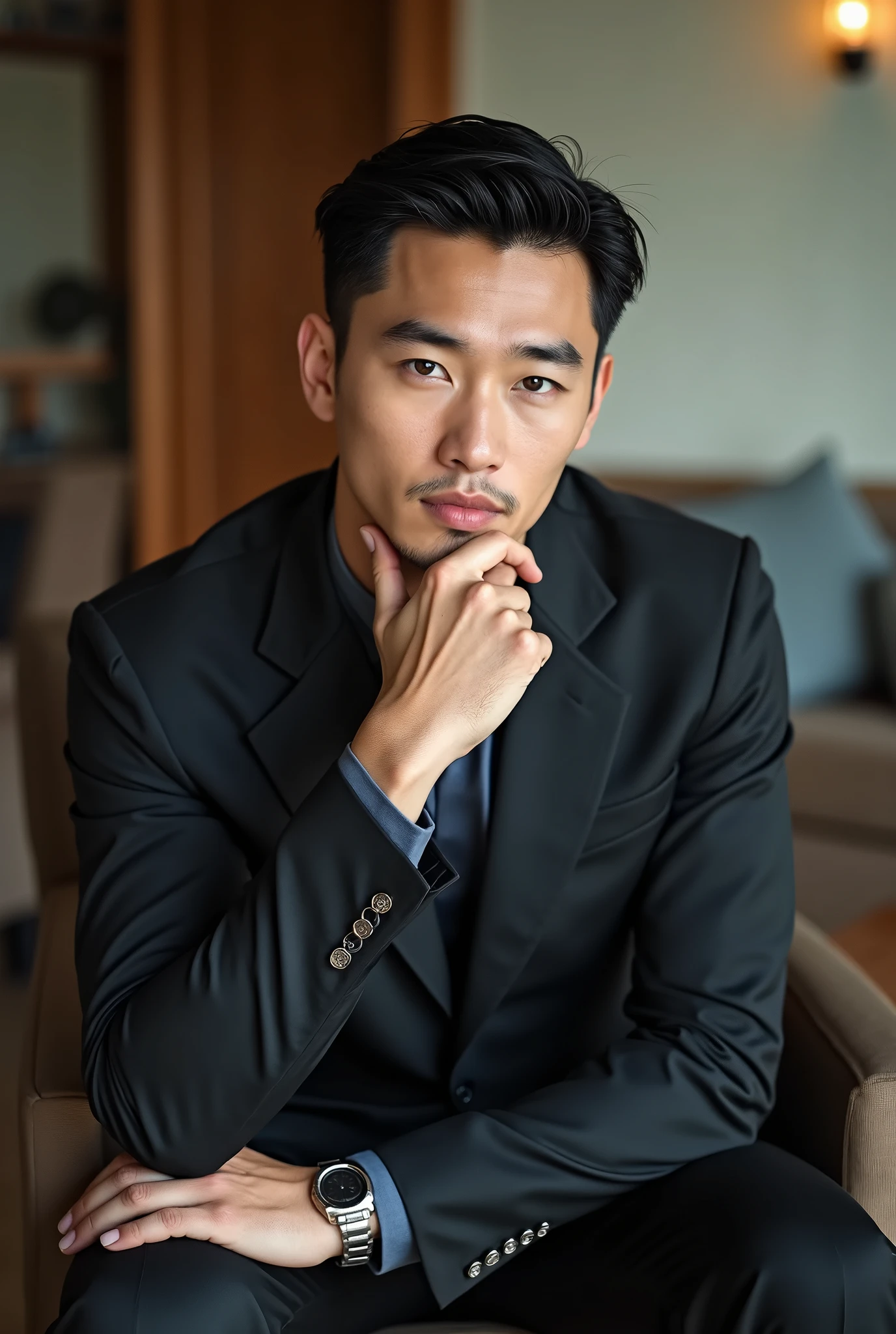 Belle homme en costume type japanese jeune muscle blond au yeux bleu, Photographed with a smartphone, Selfie, Top quality, 1 beautiful men, Perfect Face, Japanese men, age 41, suit, short hair, black hair, Sitting in a chair, hands on chin, Posing like a magazine cover,