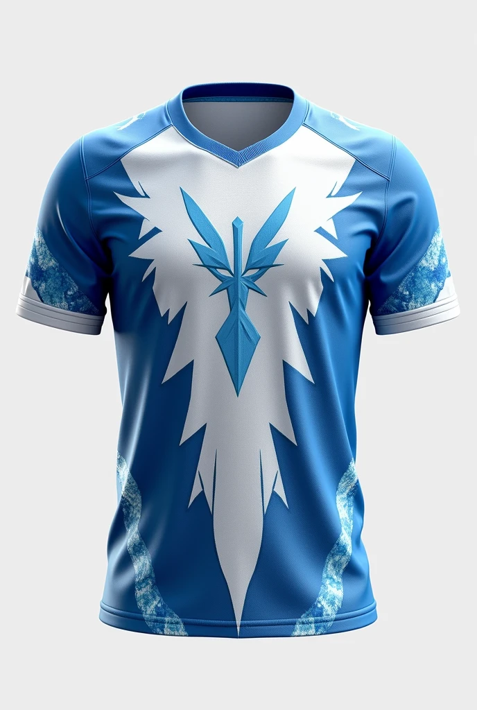 Create a jersey design with following ideas
Base Color: Gradient Blue to White
Design Elements:
Ice Shard Details: Incorporate angular, shard-like patterns running down the sides and sleeves, using a combination of dark and light blues. The shards could fade into white as they reach the center of the jersey.
Embroidered Crest: Feature a small, intricately embroidered crest of Articuno on the chest, using white and silver thread for a luxurious feel.
Polar Accents: The collar and sleeve edges could be trimmed with a subtle polar bear fur effect in white, adding to the cold, majestic theme.