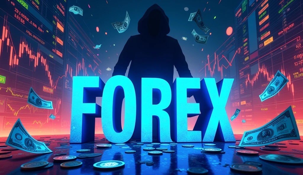 A highly detailed and dynamic illustration with a large, bold 'Forex' Blue color sign at the center. Surrounding the sign are vibrant and complex financial charts actively moving, showing colorful lines, candlesticks, and various market indicators, suggesting a fast-paced trading environment. Coins and banknotes of different currencies are energetically swirling around, giving a sense of money being distributed among people. In the background, a more pronounced and mysterious shadowy silhouette of a man, adding depth and intrigue. The overall color scheme is bright and eye-catching, emphasizing the activity and motion of a bustling financial market, with extra width to capture more of the lively scene in a 16:9 aspect ratio." realistic and delete the person