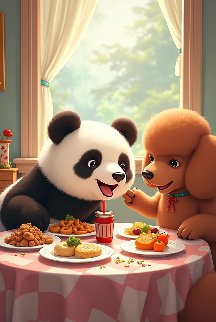 panda and Brown poodles dog sitting at a table with plates of food and plates of food, concept art by Yang J, pixiv, furry art, kawacy, cute detailed digital art, ross tran and bayard wu, adorable digital painting, high detailed official artwork, mapo tofu cartoon, artwork in the style of guweiz, cute detailed artwork, trending on artstation pixiv