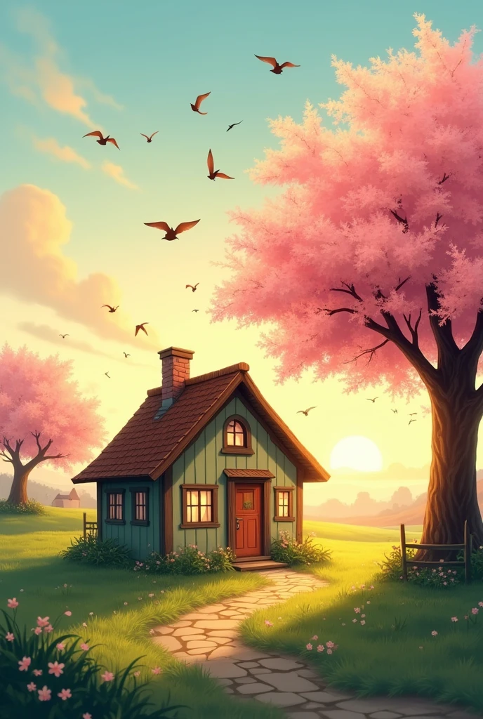.  A small house rightside near a cherry fruit tree. Sun is rising. Birds  are flying in the sky. For facebook cover photo.