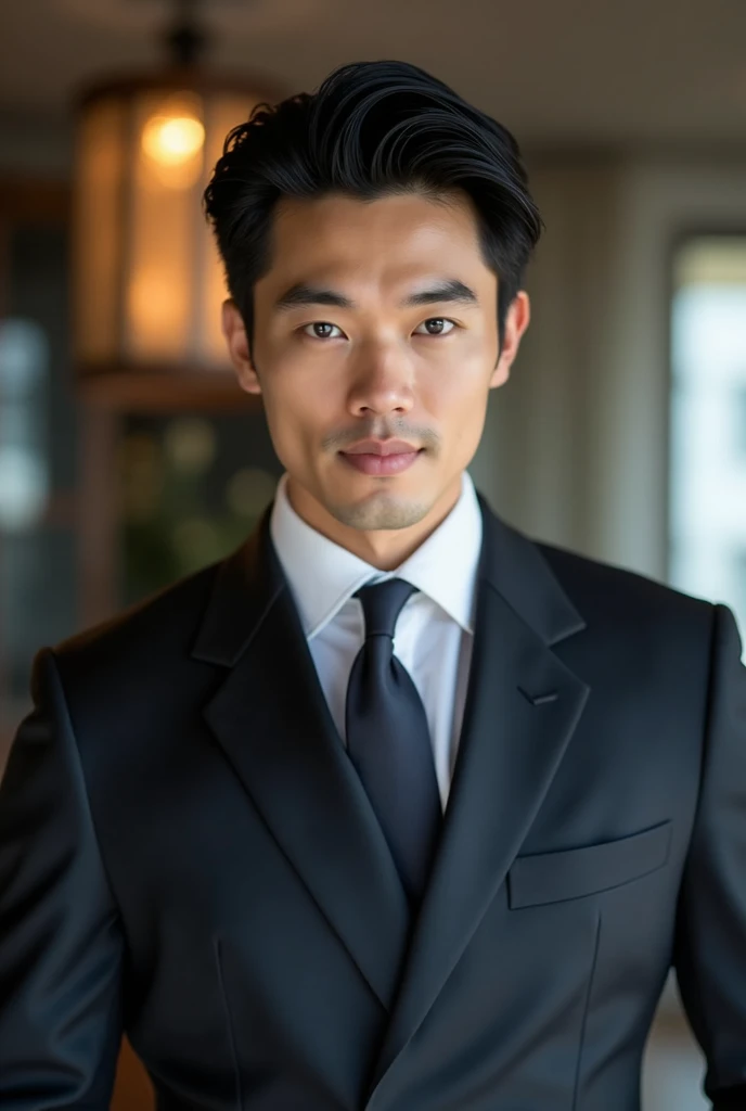 Belle homme en costume type japanese jeune muscle blond au yeux bleu, Photographed with a smartphone, Selfie, Top quality, 1 beautiful men, Perfect Face, Japanese men, age 41, suit, short hair, black hair,