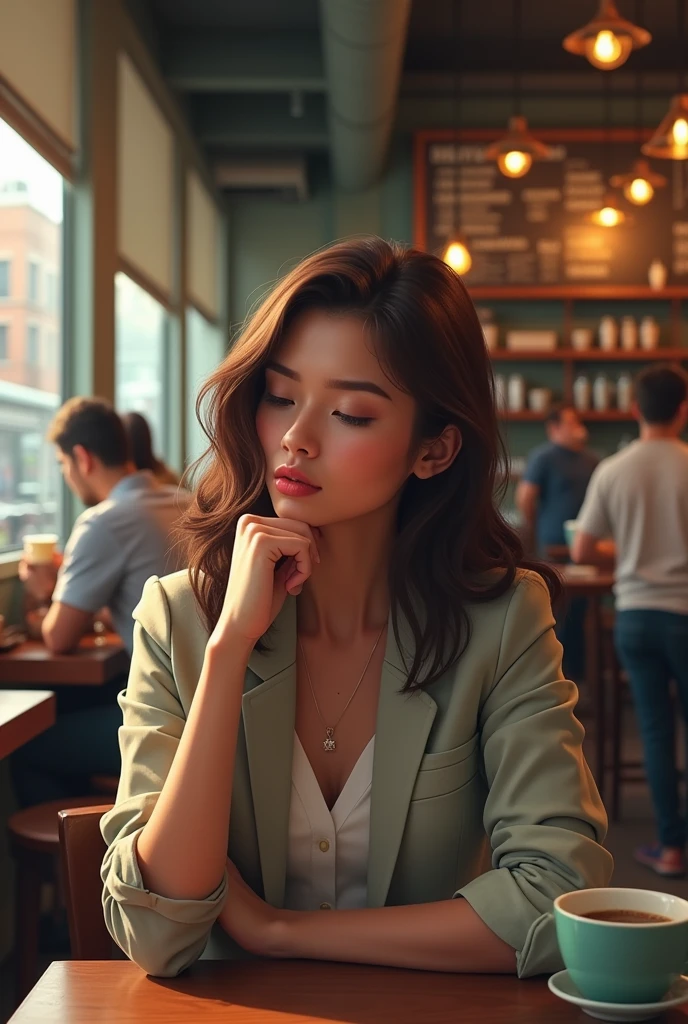 One girl sit and think about trading, some people walk surrounding them,she in the coffee shop
