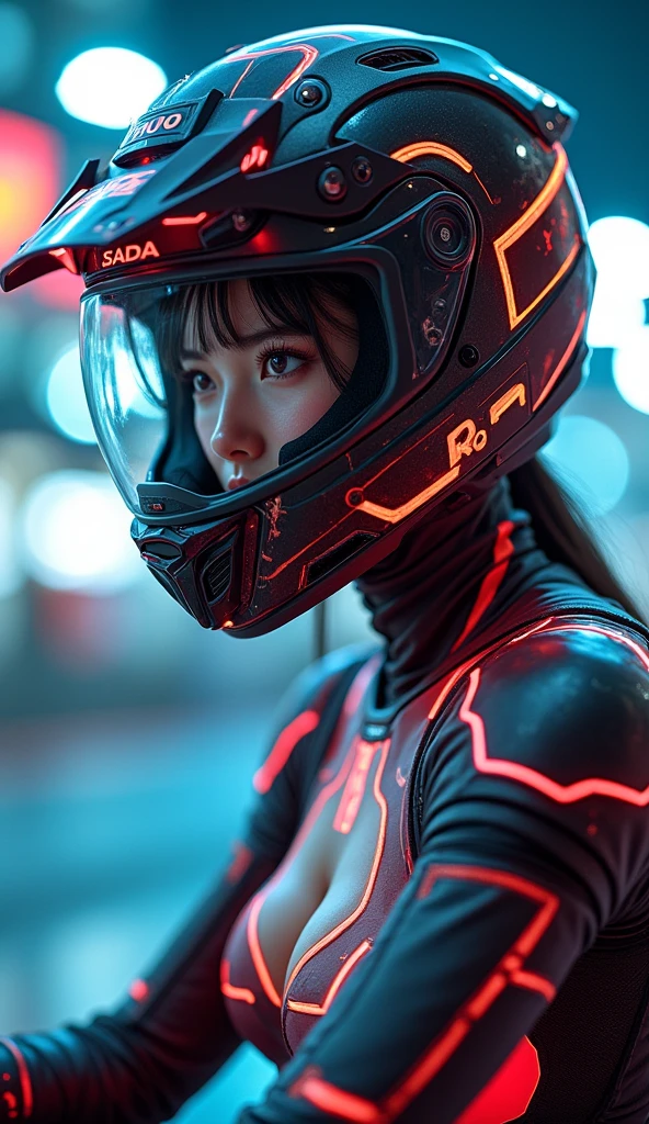 very beautiful with cute Japanese high school girl but cyborg of amateur motorcycle racer, about to Ride on a racing motorcycle, at the cyber punk circuit at night, dramatic scene, masterpiece, very large breasts, clear helmet visor, beautiful eyes, face focus, Shoei helmet, (wearing a cyber punk mecha armored bodysuits with many neon markers:1.8), cyber punk mecha body, (fast-look patterned electro mechanical suits:1.5), dynamic angle, acrobatic pose