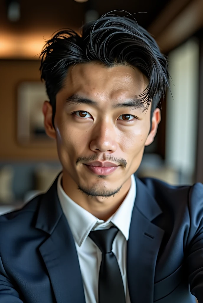 Belle homme en costume type japanese jeune muscle blond au yeux bleu, Photographed with a smartphone, Selfie, Top quality, 1 beautiful men, Perfect Face, Japanese men, age 41, suit, short hair, black hair,