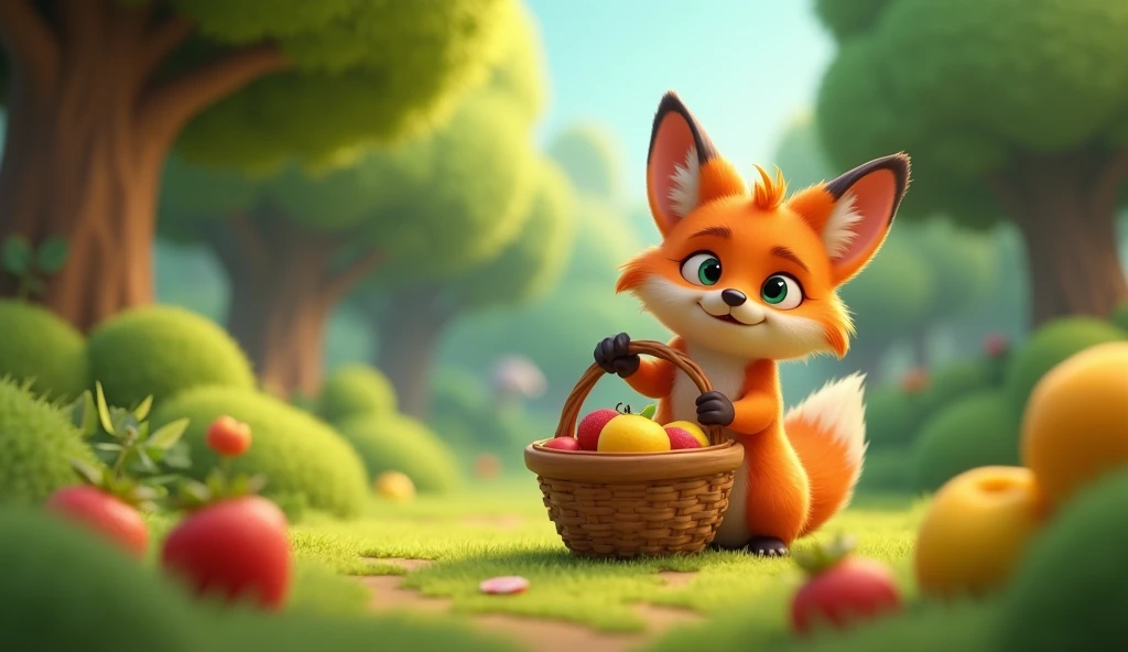Description: With the animals gone, Fox quickly gathers all the fruits into her basket.
Action: She looks pleased with herself, her basket filled with fruits, while she hides a few behind a bush. 3D cartoon