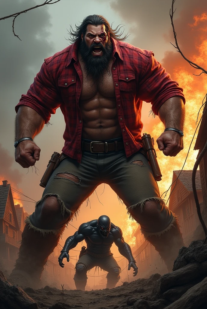 a very tall and muscular lumberjack with a, big beard and a red plaid shirt , blood on lips, he has a sad look, scar on right eye,  he fight with a Big dark creature, Village scenery in flames. 