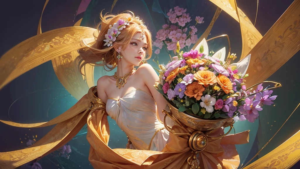 32K, 最高quality, 最高masterpiece, (ultra-Detailed Background, Detailed Background), High resolution, Super detailed, Very detailedな, 1 personの, (bouquet:1.3), (Tangled:1.2), (Geometric:1.2),(colorful),(masterpiece, quality, best quality, Official Art, Beautiful and beautiful:1.2), (1 person:1.3), Very detailed,(colorful:1.1)(Flowers:1.3),Most detailed,(Tangled:1.2), whole body, (Abstract background:1.3), (Skin glows), (Many colors:1.4), ,(Earrings Jewelry:1.5), Pale yellow background, It's imaginative., Milk tea colored hair, Updo,