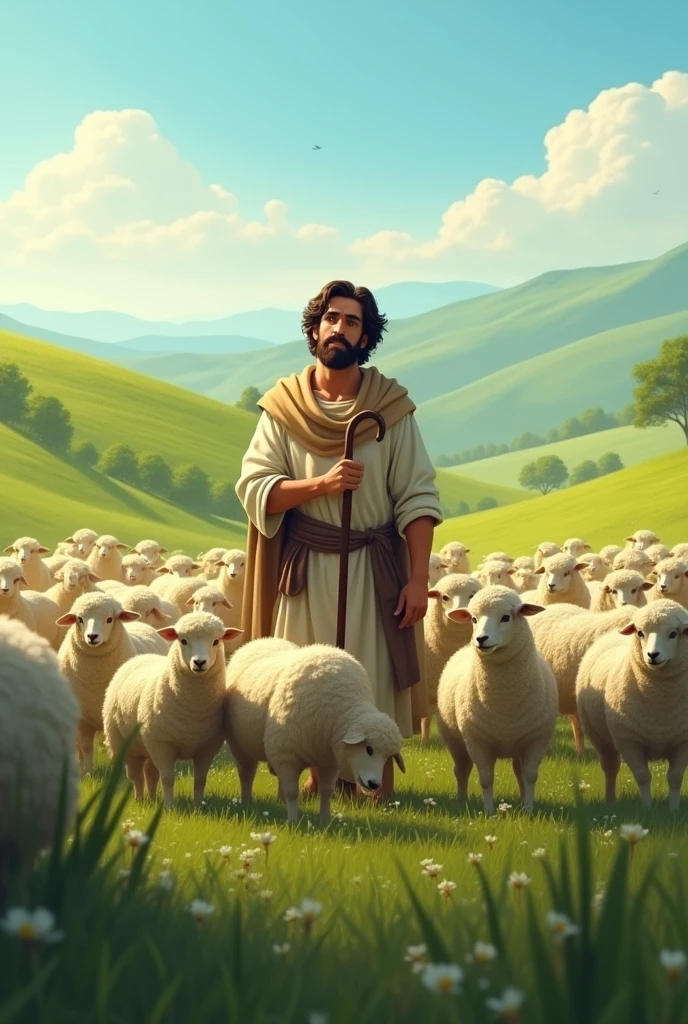 Generate an image showing David as a Shepherd - David watching over his sheep in a peaceful, green field.