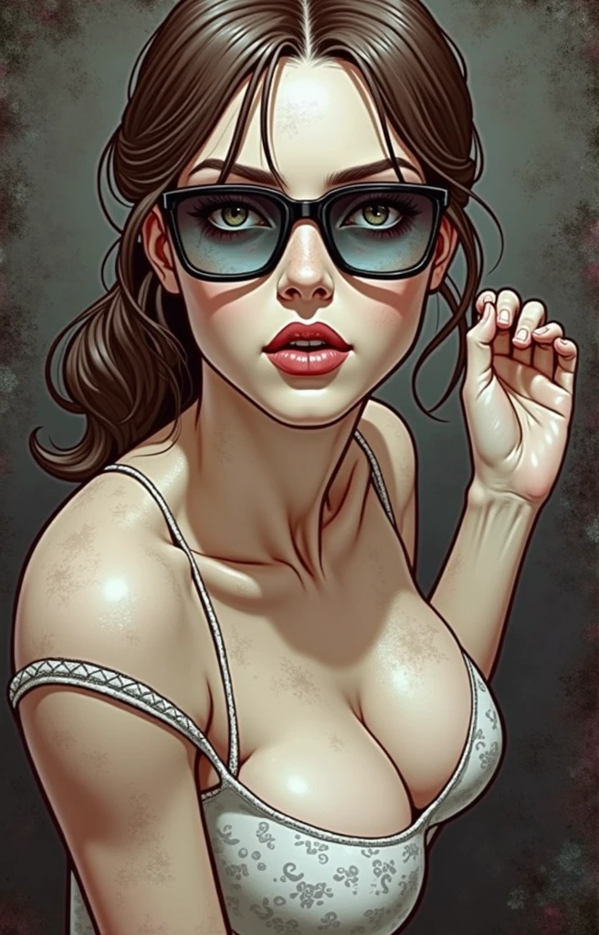 Lara Croft gothique aux gros seins laiteux avec des lunettes dark horse comics style