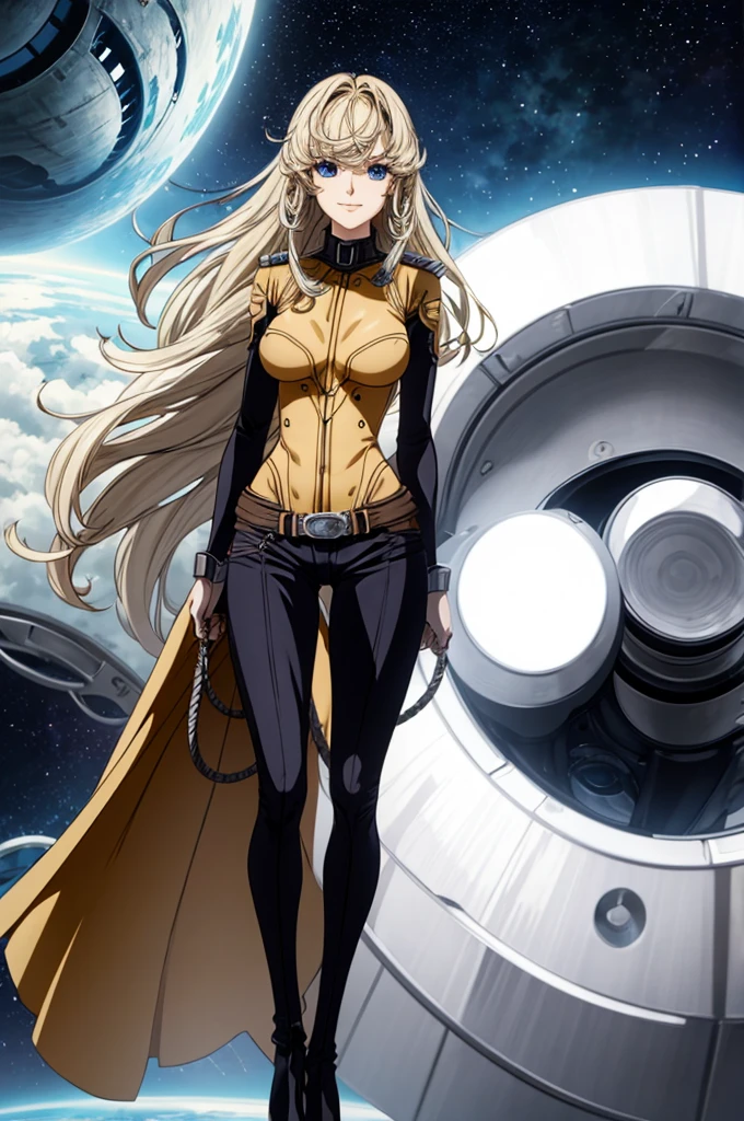 Anime style female character inspired by vintage space opera aesthetics, with elongated facial features, 165 cm tall, having blond, waist-length, wavy hair with V bangs, and blue eyes. She is wearing ultra tight skinny jeans with high riding boots over them, adding an equestrian touch to her ensemble. The character's design reflects a blend of space opera elements and a realistic body proportion, highlighting her strong yet feminine presence, big boobs,big ass, smile