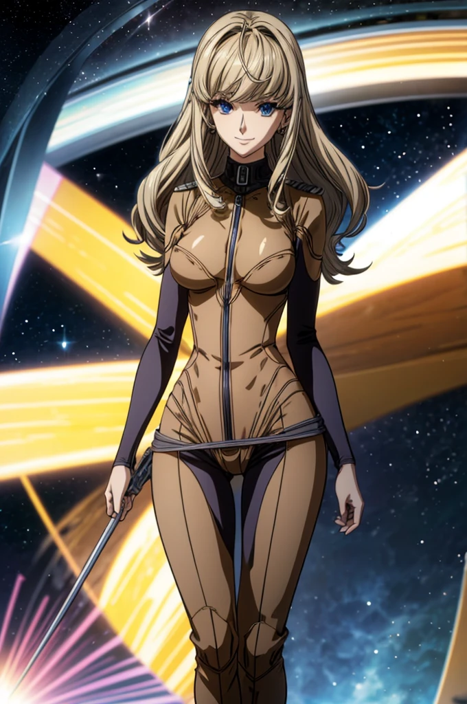Anime style female character inspired by vintage space opera aesthetics, with elongated facial features, 165 cm tall, having blond, waist-length, wavy hair with V bangs, and blue eyes. She is wearing ultra tight skinny jeans with high riding boots over them, adding an equestrian touch to her ensemble. The character's design reflects a blend of space opera elements and a realistic body proportion, highlighting her strong yet feminine presence, big boobs,big ass, smile