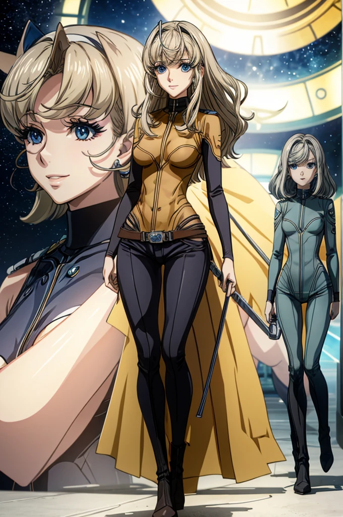 Anime style female character inspired by vintage space opera aesthetics, with elongated facial features, 165 cm tall, having blond, waist-length, wavy hair with V bangs, and blue eyes. She is wearing ultra tight skinny jeans with high riding boots over them, adding an equestrian touch to her ensemble. The character's design reflects a blend of space opera elements and a realistic body proportion, highlighting her strong yet feminine presence, big boobs,big ass, smile