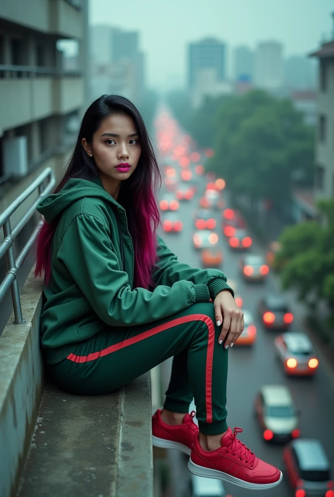 Bad quality. Beautiful Indonesian woman aged 24 years. Body weight 70kg. Wearing a green matte jacket with a hood. Black ping dye hair. Bright ping lip lipstick. Long singlet pants with red striped motif. Red sports shoes. Sitting on a tall building. Looking down. Under many vehicles. Grainy colored cctv footage. Seen from afar. bad light.