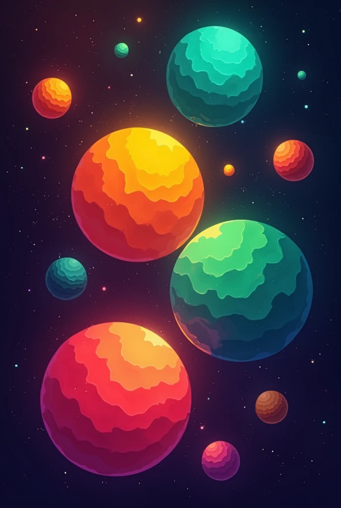 Cute single round color block background image with dark background,The round color blocks should be bright and highly chromatic, with a touch of cosmos and magic. The colors should contain:red,orange,yellow,green,dark blue,pink,Colors should be separated and do not mix together again