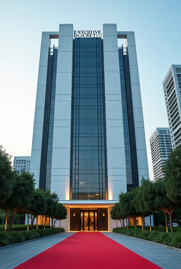 A corporate building headquarters with Singaporean architecture with it's own compound not sorounded with any other building,the compound has a driveway with red carpet on the entrance I don't want tiles structure on the building with the words EXECUTIVE DOCKET