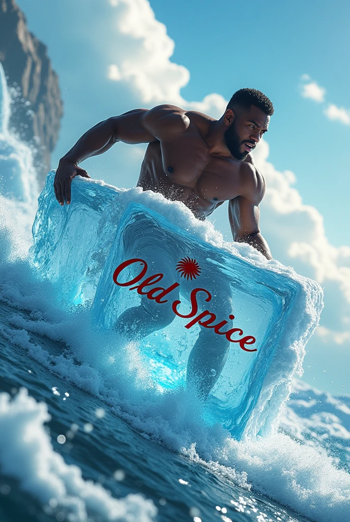 Visual:
scenery: A dark-skinned man with a strong and charismatic appearance is in a scene that mixes the everyday with the extraordinary. For example, could be pushing a giant block of ice uphill, with a determined expression on his face. As the ice pushes, You can see the ice crumbling into small fragments that transform into images of fresh and energetic situations (a crystal clear sea, A waterfall, etc.).
design: The ice block has the Old Spice logo etched into it., and the surroundings have cool and refreshing tones, with touches of red that highlight the Old Spice branding.