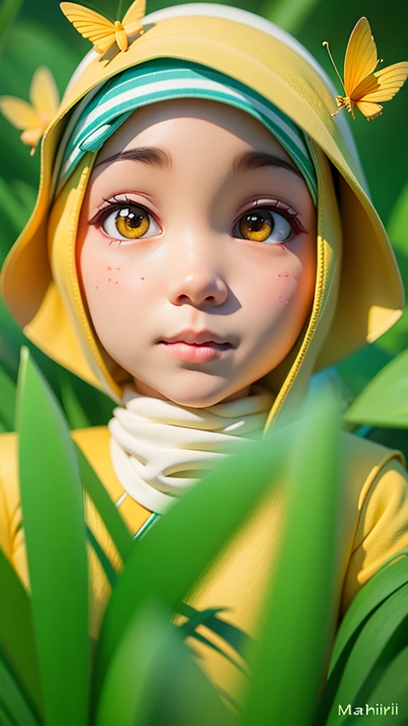 a Malay village girl. 27 tersenyum, Wearing a hijab, wearing a yellow and white hoondle, wearing black jeans, wearing yellow and white sneakers, playing the guitar, a girl in a hijab sitting cross-legged on the grass, smiling. Beautiful flower background, evening background.which is comfortable, Sugai mood flows. butterfly. small butterflies are divided