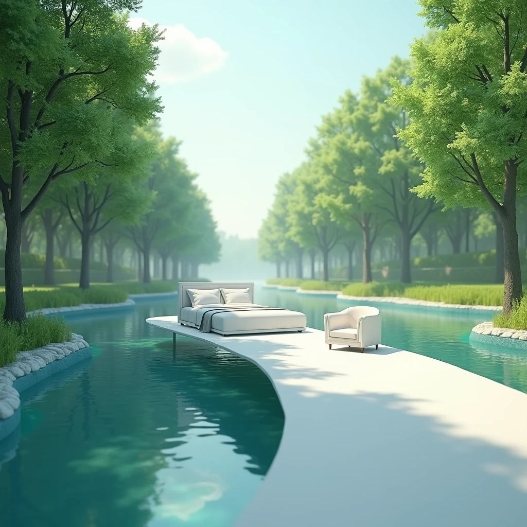an image of a bed on top of a white base, that looks like a long path that forms a long bridge over the water, that looks like a huge river. There are trees next to the bed, and near the trees there is a white armchair too. The place is open air, well-lit. Green trees surround the lake with clear waters. She looks like this picture: https://pin.it/1YWipDRip