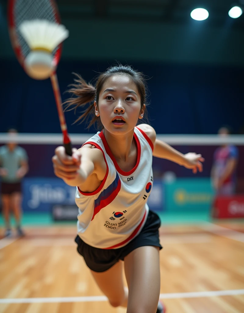 (Photorealism:1.2), beautiful woman, She is playing badminton.. South Korea national team player. Shuttlecock