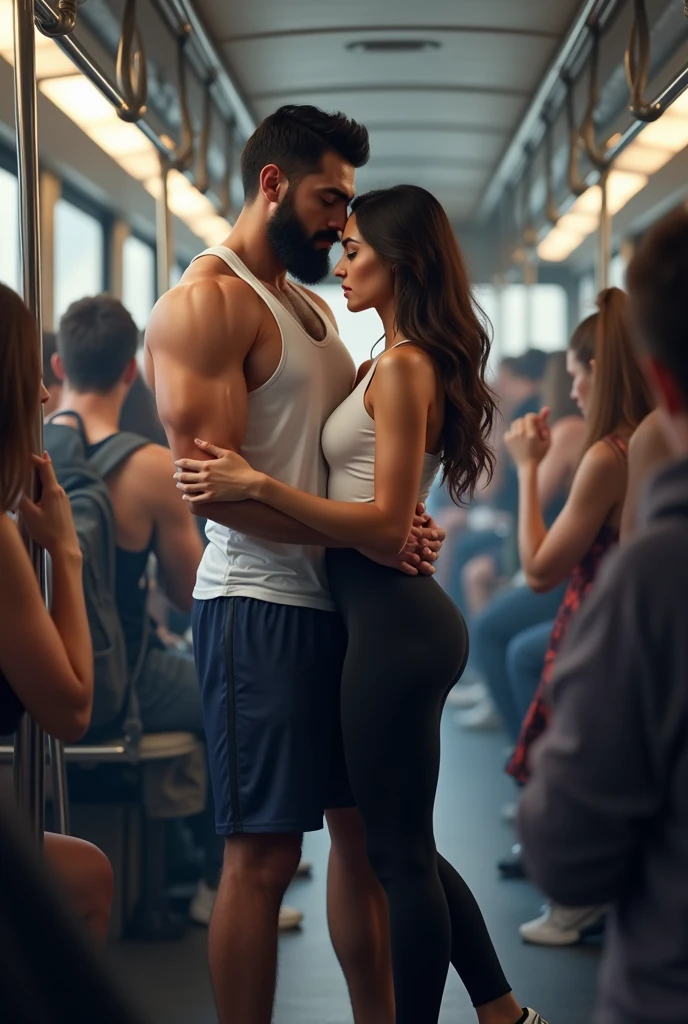 There is a huge, muscular, bearded Iranian young man in a white tank top, navy blue cool knit shorts, black sports shoes, sports watch, standing, holding on to the bar inside a public transport bus, hugging a beautiful woman in a white top, black leggings and white sneakers.. Bulge, bulge. crowded bus.
