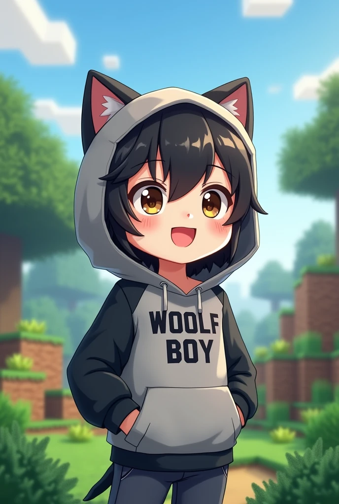 ChatGPT 4o mini

Log in
You said:
MAKE A CUTE ANIME BOY WEARING GREY BLACK COLOUR HOODIE WITH ANIMATED MINECRAFT BACKGROUND WOOLF BOY WRITTEN IN HOODIE
ChatGPT said:
ChatGPT
Creating a cute anime boy character in a grey and black hoodie with a Minecraft-themed background is a fun concept! Here's a brief description:

Character Design:

Anime Boy: He has large, expressive eyes and a cheerful demeanor. His hair is styled in a slightly messy, cute manner.
Hoodie: The hoodie is grey with black accents. The text "Woolf Boy" is prominently displayed on the front in a playful, blocky font that matches the Minecraft theme.
Background: The background features a vibrant, pixelated Minecraft world. Think of classic blocky grass, trees, and a few Minecraft mobs or structures to add depth.