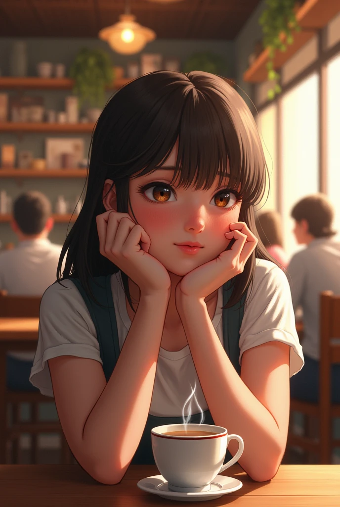 One girl sit and think about trading, some people walk surrounding them,she in the coffee shop, her hand on his face and think