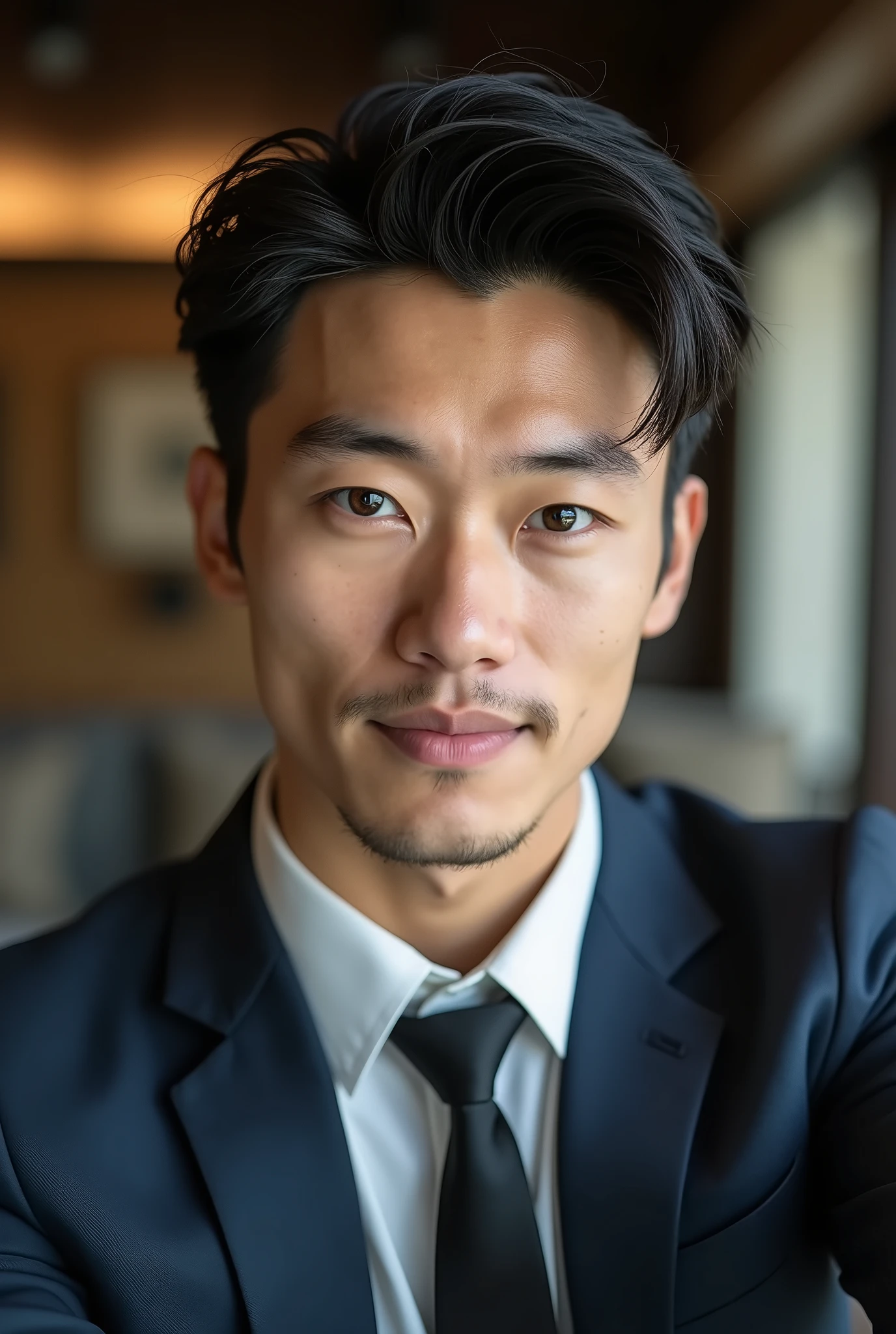Belle homme en costume type japanese jeune muscle blond au yeux bleu, Photographed with a smartphone, Selfie, Top quality, 1 beautiful men, Perfect Face, Japanese men, age 41, suit, short hair, black hair,