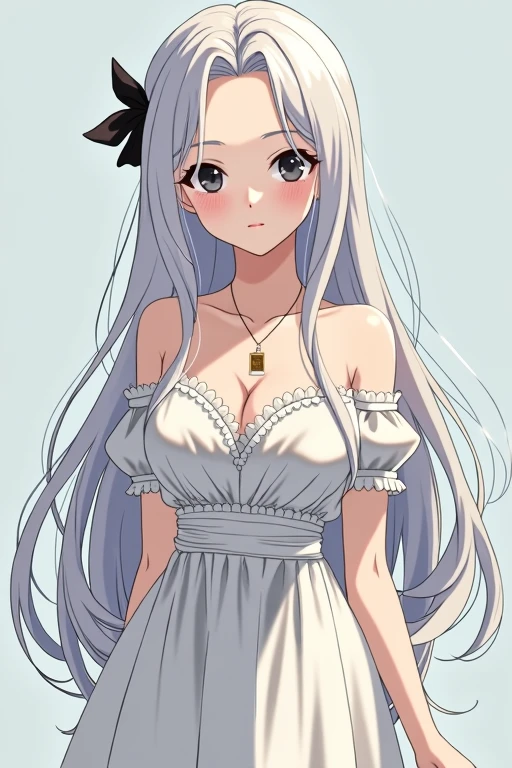 Anime girl  Long and white, with a silky, shiny texture that reflects light with a silvery tone. She tends to keep them loose, allowing them to fall in natural waves over her back, or tied up in an elegant bun with a few loose strands that frame her face. Eyes: Large and deep black, with an intense shine that reflects her nature curious and her intellectual spirit. Her eyes have an almost ethereal quality, expressing both the wisdom gained from books and the innocence of her youth.Skin: Clear and flawless, with a pale tone that contrasts softly with the dark color of her eyes and hair. Her skin has a smooth, well-cared-for appearance, enhanced by a care regimen appropriate to her social standing. Attire: Selene prefers elegant, understated clothing that reflects her love of books and her reserved nature. She wears simple but sophisticated dresses, usually in neutral tones like white, gray or light blue. Dresses are adorned with subtle details, such as delicate lace or small pearls, and often have classic cuts that enhance your graceful posture. Height and Body: Average height and with a slender, well-proportioned body. Her bearing is elegant and confident, with a posture that demonstrates both her respect for others and a calm self-confidence. Facial Expression: Selene has an often contemplative and serene expression, reflecting her reserved nature and her deep dedication to reading. Her black eyes can light up with curiosity or soften with an expression of empathy, depending on the situation.Special Features:Accessories: Selene is known for wearing a simple necklace with an old book pendant, which symbolizes her passion for reading and her desire to explore new worlds through stories. Full body 