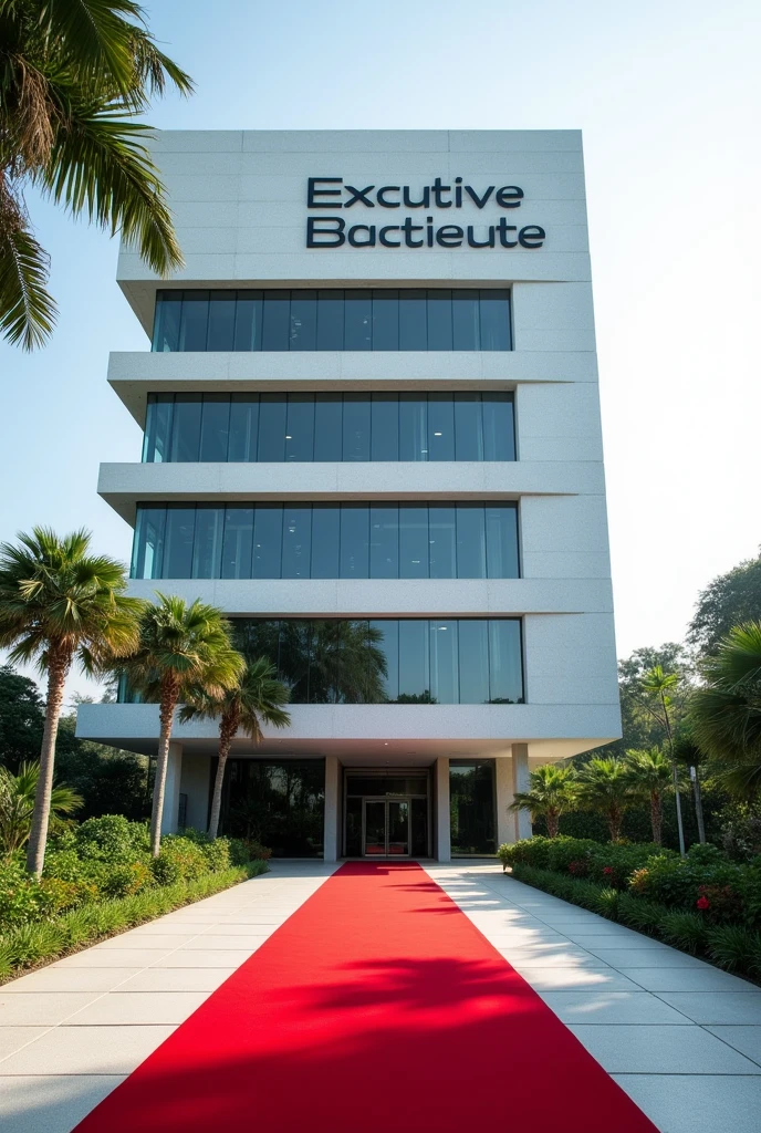 A corporate building headquarters with Singaporean architecture with it's own compound not sorounded with any other building,the compound has a driveway with red carpet on the entrance I don't want tiles structure on the building with the words EXECUTIVE DOCKET 