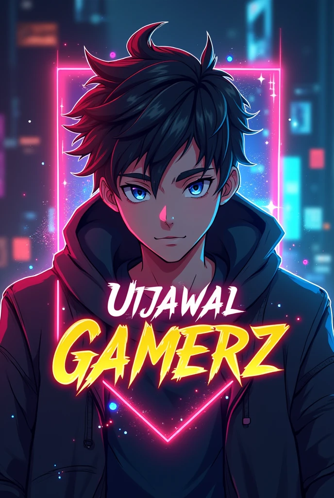 This is a gaming logo that features the name "UJJAWAL GAMERZ" in a futuristic font and a neon golden color. Anime boy