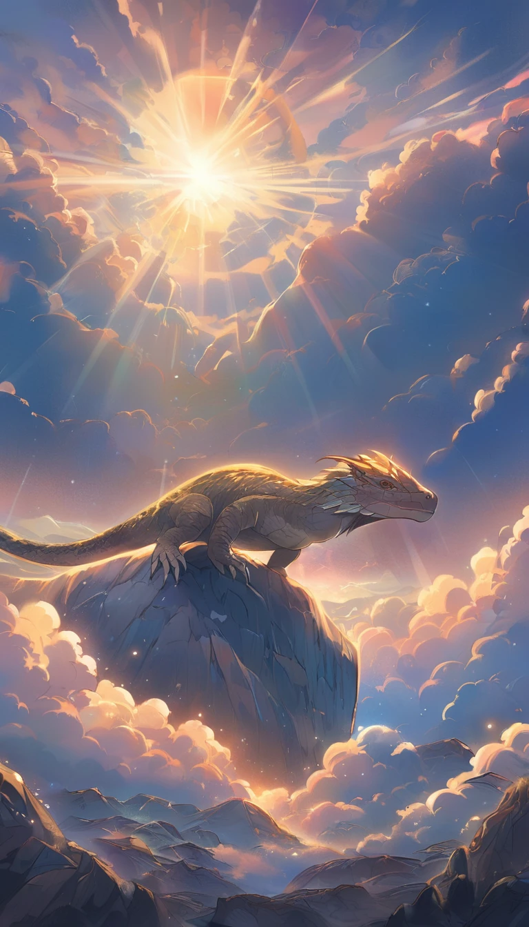 a scaly komodo dragon perched on a high rock, sunlight streaming down, technical pastel illustration in the style of amanda sage, dramatic sky, high quality art