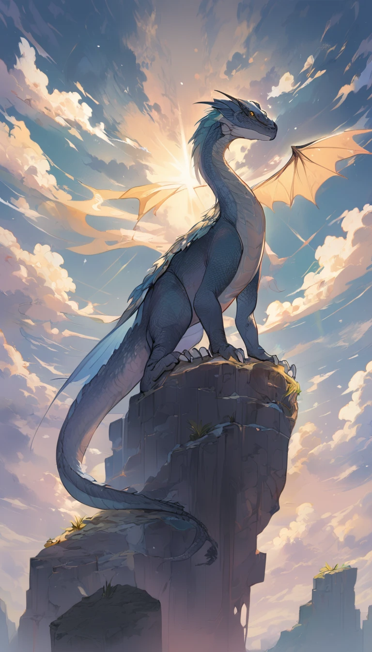 a scaly komodo dragon perched on a high rock, sunlight streaming down, technical pastel illustration in the style of amanda sage, dramatic sky, high quality art