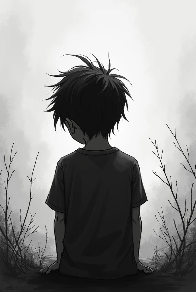 A wallpaper which show a boy back pose, which is mentally disturb and distracted. Make it an aesthetic black and white