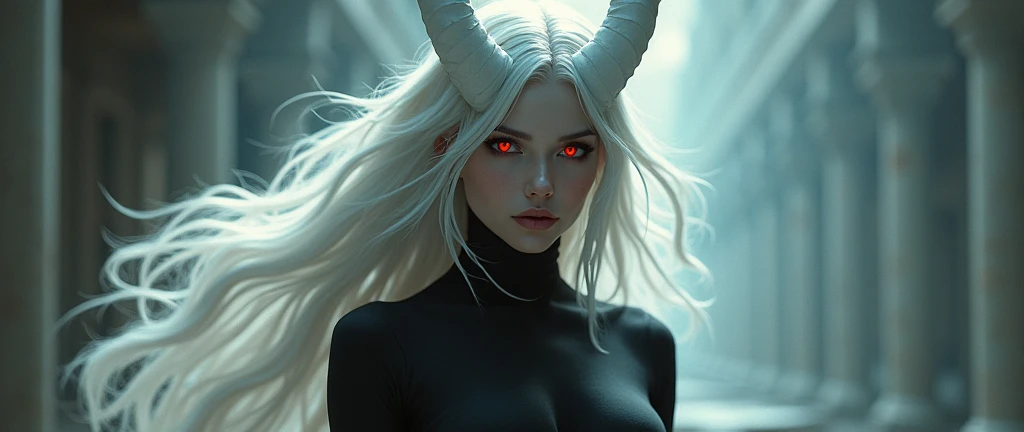 A 3D render of a gothic fantasy photo of a sensual, sexy Albino Goddess with white corset and White horns on her head. She has extremely long, ultra-realistic white Dreads hair. The goddess is wearing black Goth makeup.24K,  The background is a dark, cave-like setting with stalactites and stalagmites. The overall image has a dark, moody ambiance with a reddish hue.