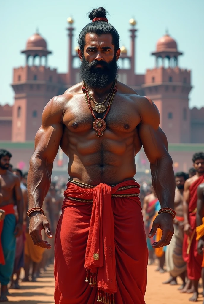 A Hindu bodybuilder man, he is wearing a red colored dhoti and nothing else on top standing on red fort There are many people standing behind him, everything behind him is bluer