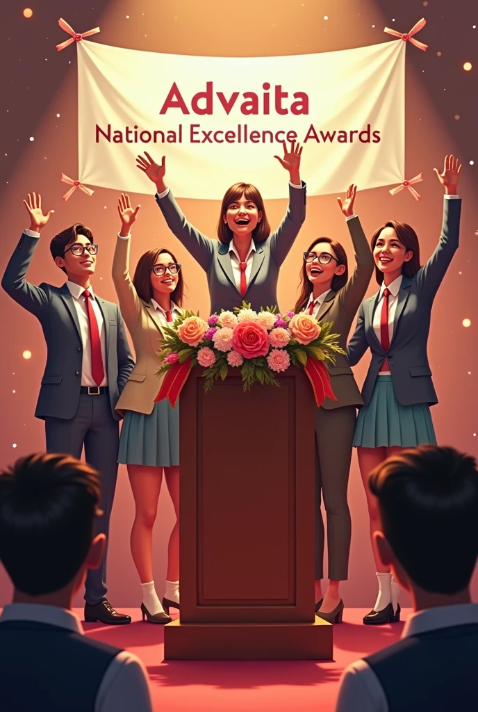 A diverse group of students and teacher celebrating there victory with hand raise ,and standing behind a podium with the "ADVAITA NATIONAL EXCELANCE AWARDS" banner above them.