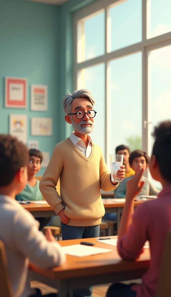 3D animation style image of a bright, modern classroom with large windows allowing natural light to flood the space. The walls are adorned with motivational posters, and there are neat rows of desks. The wise, older professor stands in the center, holding a clear glass of water that catches the light, making it sparkle. The professor has short gray hair, round glasses, and wears a beige sweater over a white shirt. The diverse group of students sits attentively, some raising their hands, others deep in thought