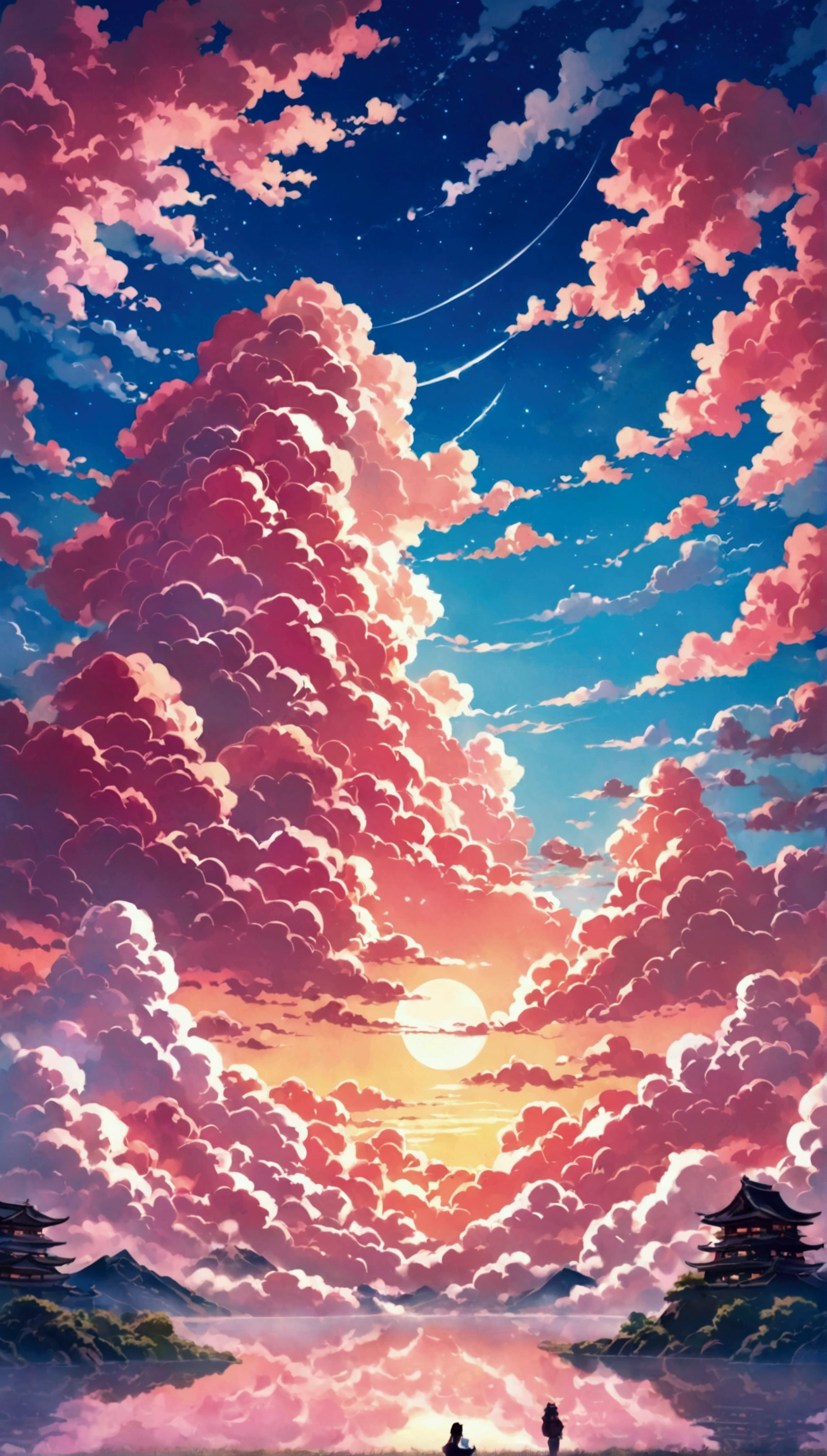 Japanese anime-style artwork depicting a sunset sky with pink and blue clouds. The background features Japanese anime-style clouds with iPhone camera-like effects. Features dreamy colours, fantasy elements and soft lighting. The composition focuses on the cloud patterns, creating a beautiful atmosphere. There is a mystical, high-quality atmosphere.