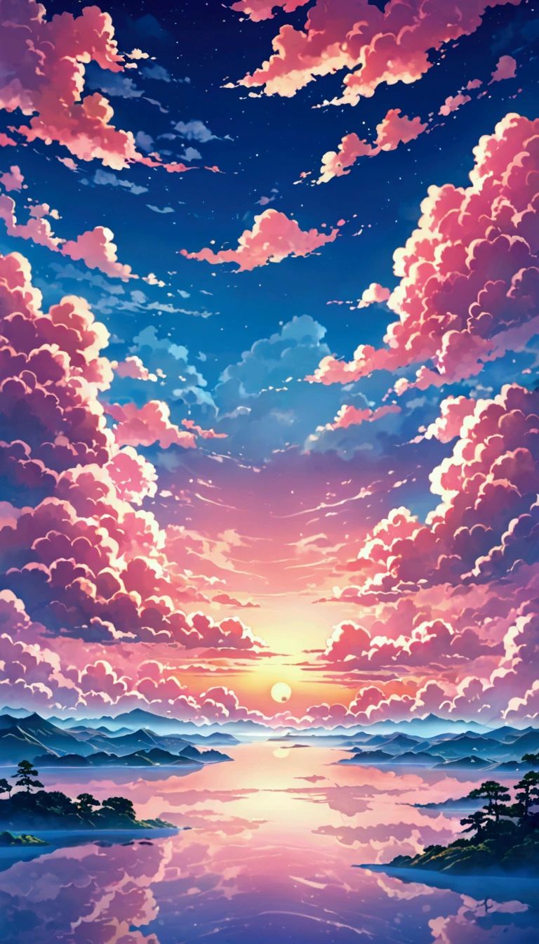 Japanese anime-style artwork depicting a sunset sky with pink and blue clouds. The background features Japanese anime-style clouds with iPhone camera-like effects. Features dreamy colours, fantasy elements and soft lighting. The composition focuses on the cloud patterns, creating a beautiful atmosphere. There is a mystical, high-quality atmosphere.
