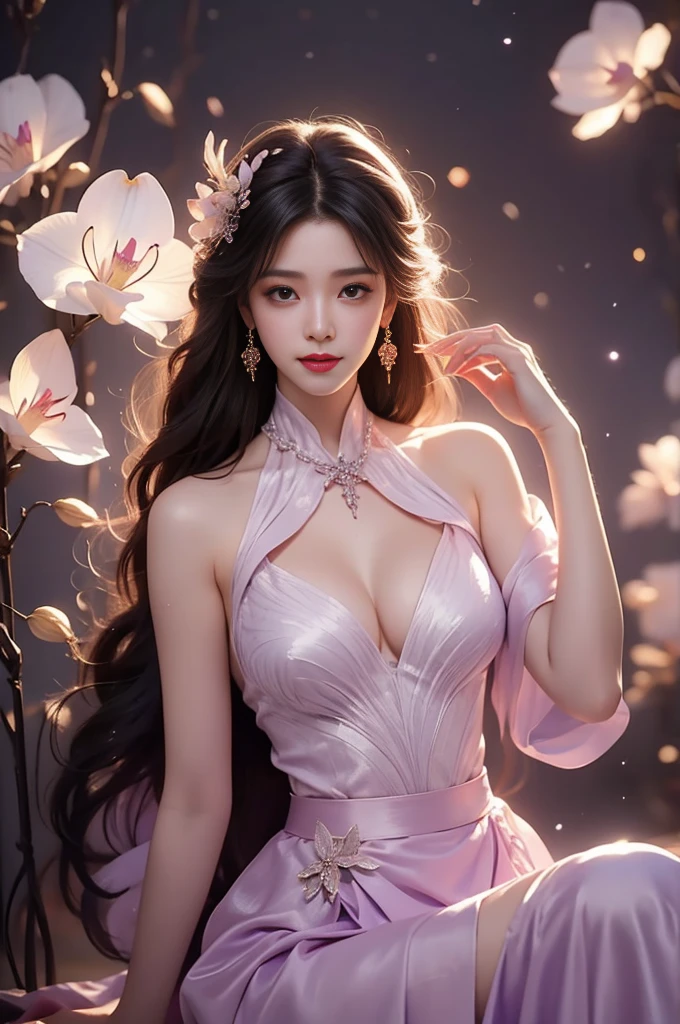wuxian-xsg(Quality Improvement:1.4),1 girl, Full breasts,Visible cleavage,Sexy long legs,The skirt is very short,She gently lifted her skirt with one hand,Surrounded by white Phalaenopsis orchids,Lilac dendrobium、White Lily, Flying petals,(Top quality leather), Delicate face,Black Hair, Gradient hair, Body,(Body1.1), He has a precious gem on his forehead..., brilliant student,Long eyelashes,Smile, Surrealism, Movie Lighting, Projection Insert, Surrealism, Ultra HD, masterpiece,lie,Keep dreaming,Open your legs slightly.,Tattoo,Fantasy Space,Luxurious space,Exquisite makeup,blush,Shy expression