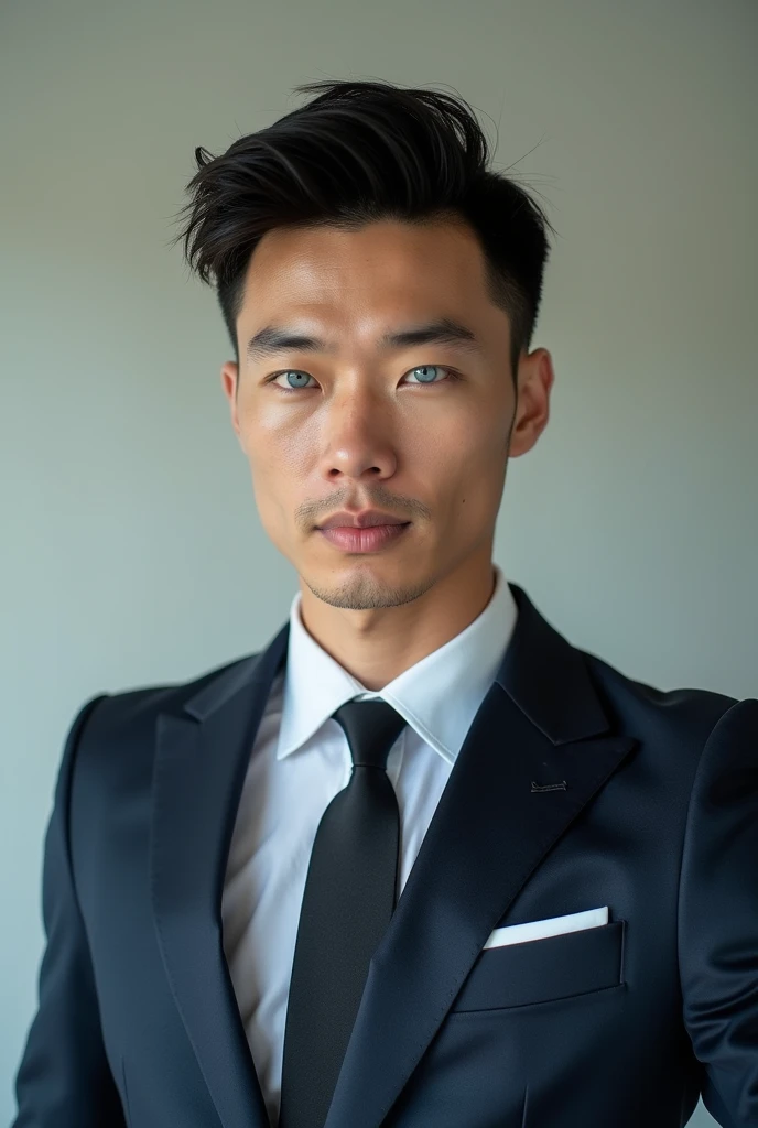 Belle homme en costume type japanese jeune muscle blond au yeux bleu, Photographed with a smartphone, Selfie, Top quality, 1 beautiful men, Perfect Face, Japanese men, age 41, suit, short hair, black hair, Posing like a magazine cover,