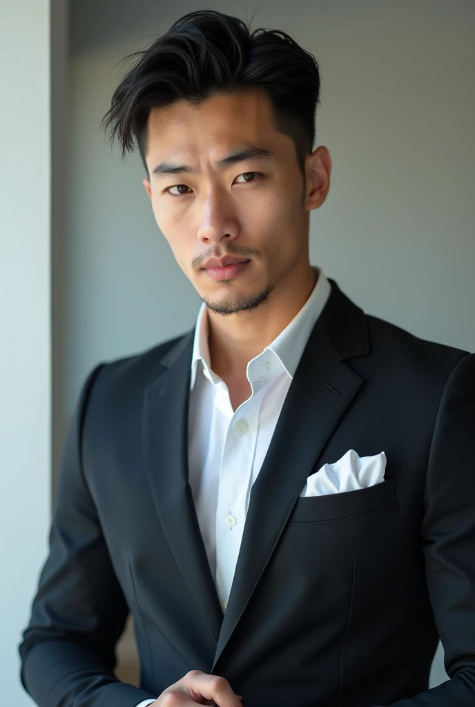 Belle homme en costume type japanese jeune muscle blond au yeux bleu, Photographed with a smartphone, Selfie, Top quality, 1 beautiful men, Perfect Face, Japanese men, age 41, suit, short hair, black hair, Posing like a magazine cover,