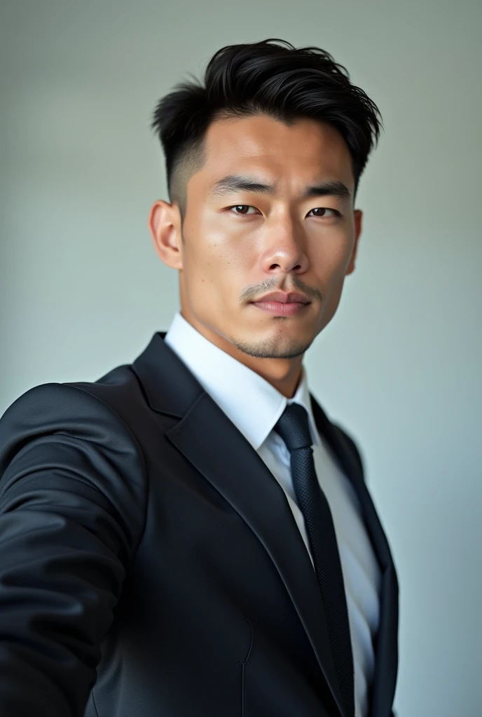 Belle homme en costume type japanese jeune muscle blond au yeux bleu, Photographed with a smartphone, Selfie, Top quality, 1 beautiful men, Perfect Face, Japanese men, age 41, suit, short hair, black hair, Posing like a magazine cover,