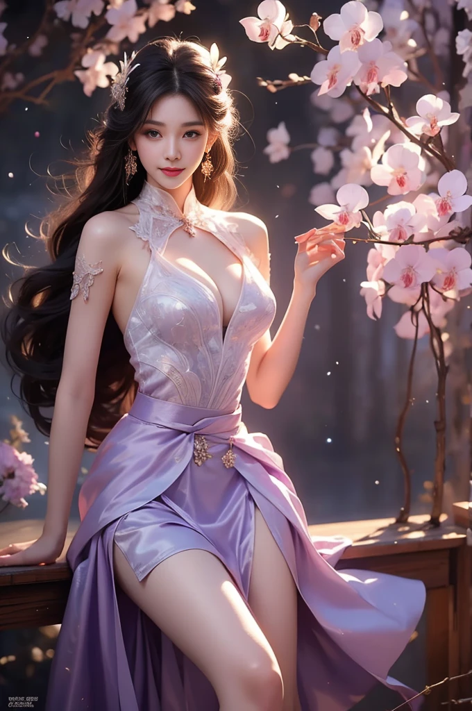 purple dress(Quality Improvement:1.4),1 Girl, Full breasts,Visible cleavage,Sexy long legs,The skirt is very short,She gently lifted her skirt with one hand,Surrounded by white Phalaenopsis orchids,Lilac dendrobium、White Lily, Flying petals,(Top quality leather), Delicate face,Black Hair, Gradient hair, Body,(Body1.1), He has a precious gem on his forehead.., outstanding student,Long eyelashes,Smile, Surrealism, Movie Lighting, Projection Insert, Surrealism, Ultra HD, masterpiece,lie,Keep dreaming,Open your legs slightly.,Tattoo,Fantasy Space,Luxurious space,Exquisite makeup,blush,Shy expression